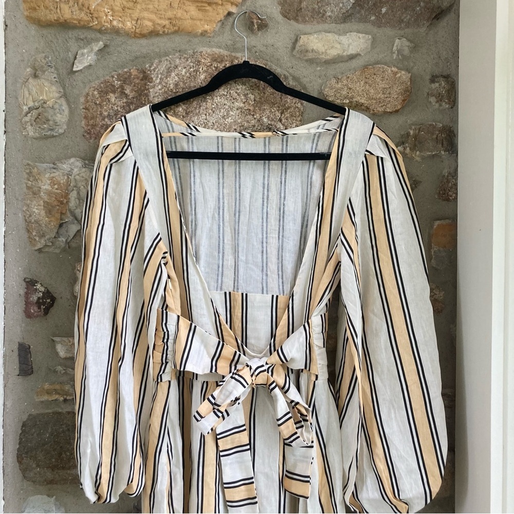 NWT VRG GRL Tularosa Linen Midi Dress Apricot Spritz Stripe Yellow/Black - Picture 7 of 16